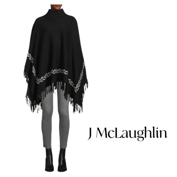 J. McLaughlin Garnett Model Black Fringe Poncho O/S NWOT - Picture 1 of 8